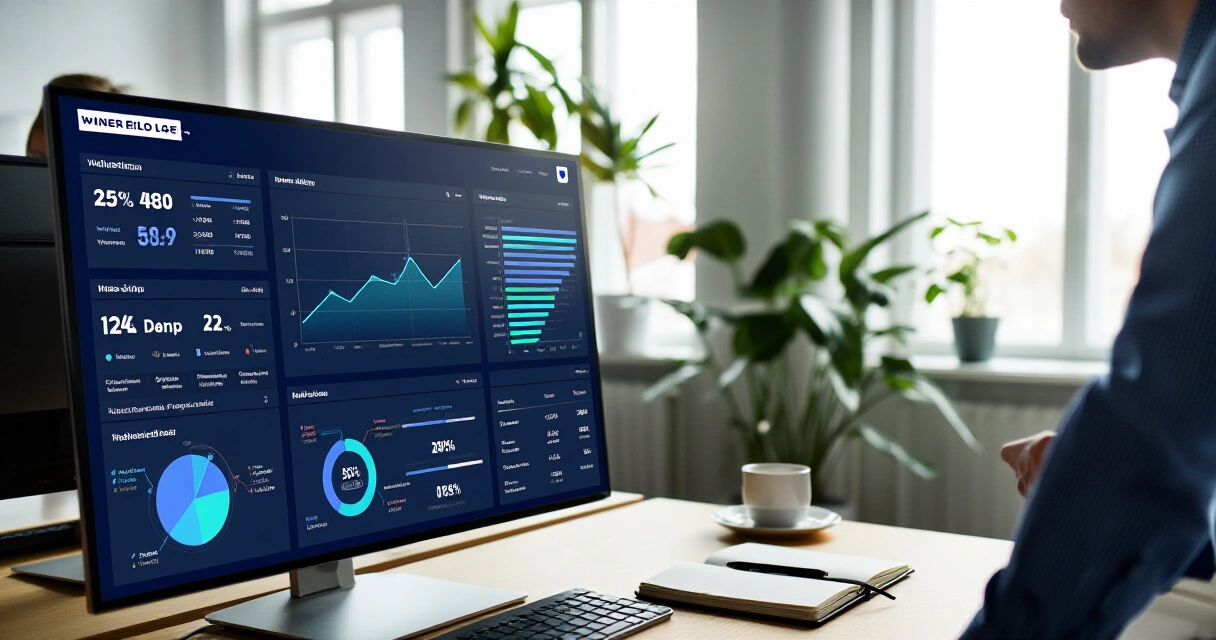 Liiketoiminta-analytiikan tarkastelu modernissa toimistossa tietokoneen dashboardilta