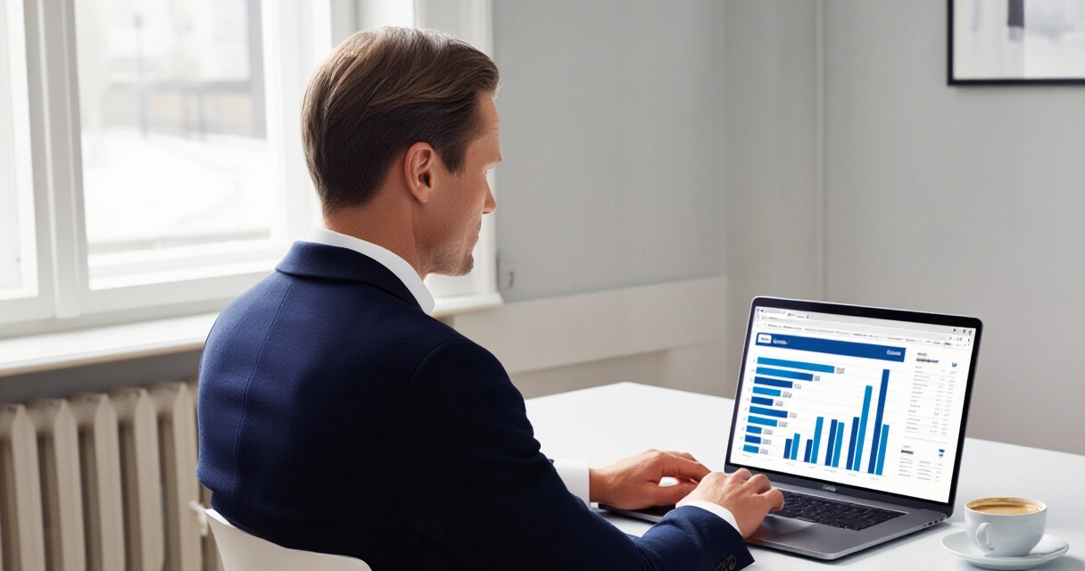 Suomalainen markkinoija analysoi digimarkkinoinnin tuloksia kannettavalla tietokoneella