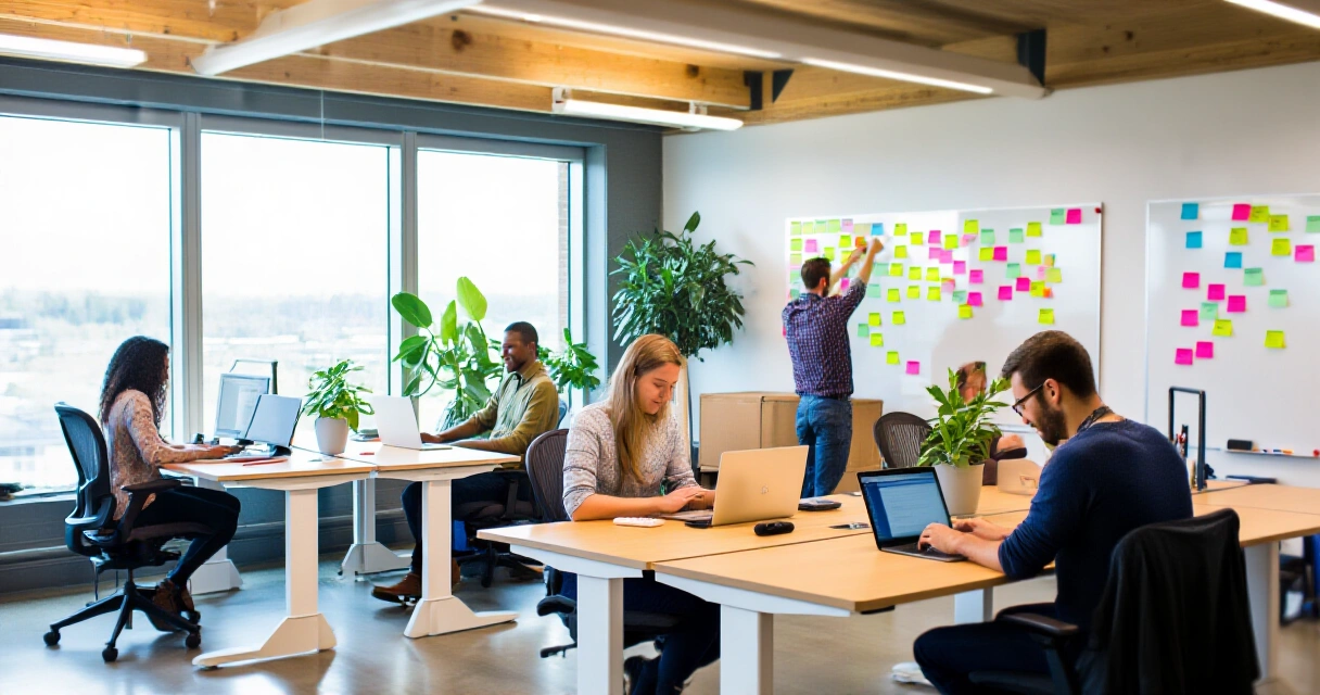 Business marketing agency -tiimi työskentelee avoimessa toimistossa luonnonvalossa