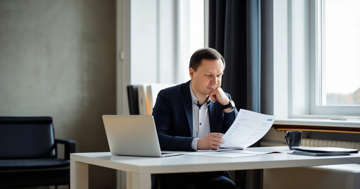 Markkinointiammattilainen tarkastelee mainonnan tunnistettavuusohjeita toimistossa