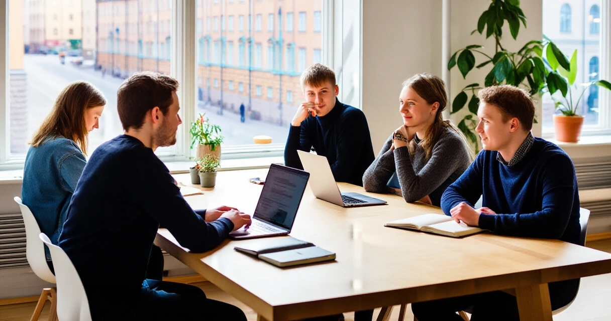 Nuori tiimi pohtii liikeideoita modernissa pohjoismainen co-working-tilassa