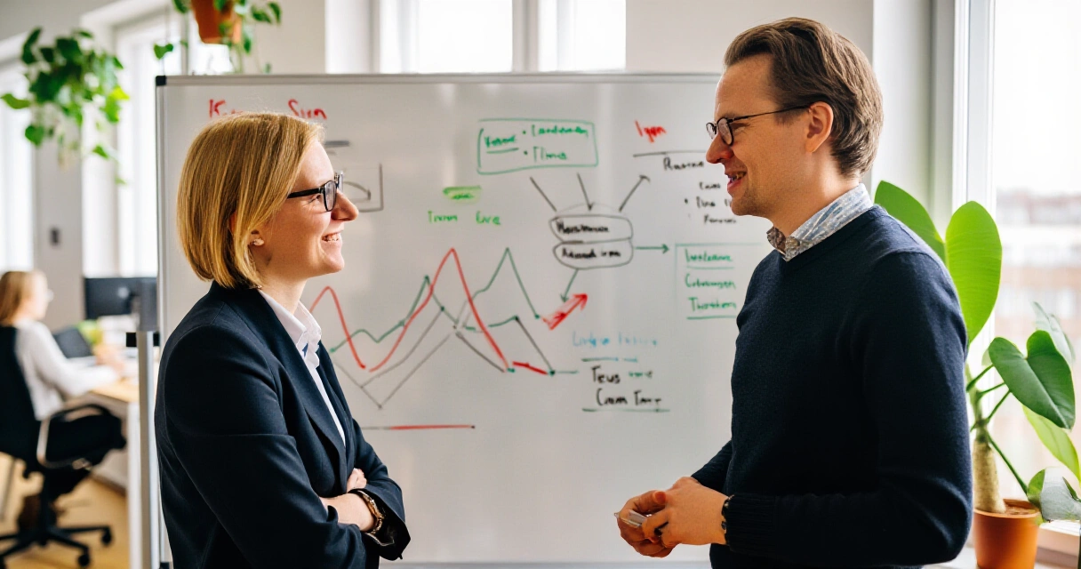 Yritysjohtajat suunnittelevat go-to-market-strategiaa modernissa toimistossa