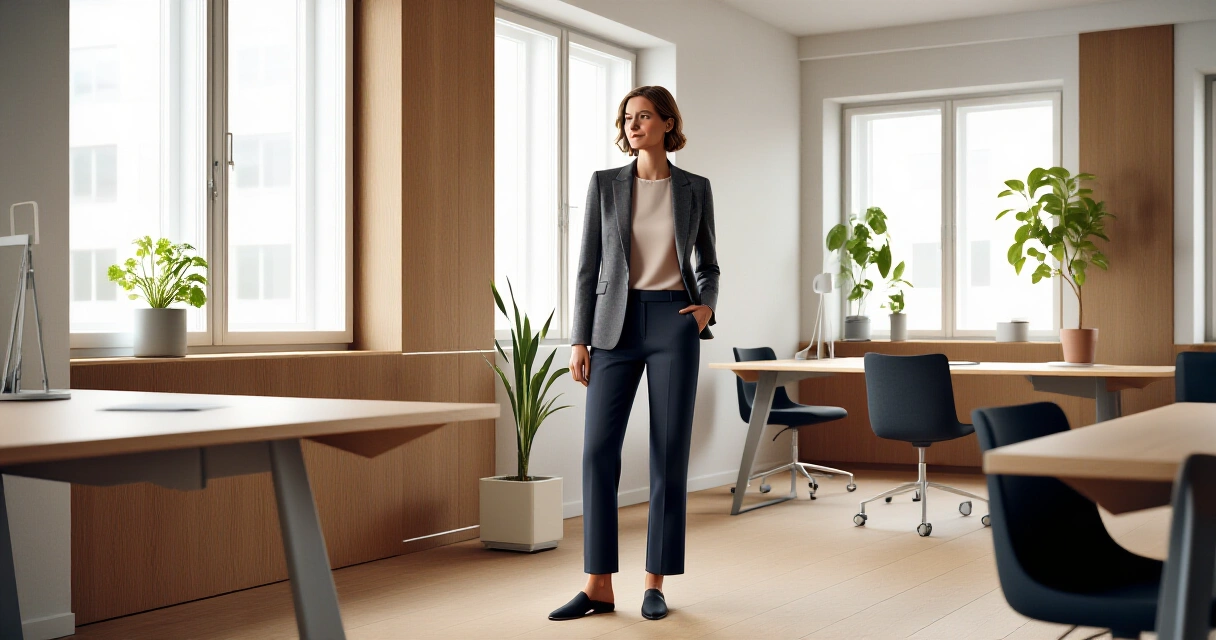 Nainen business casual -asussa pohjoismaisessa toimistossa