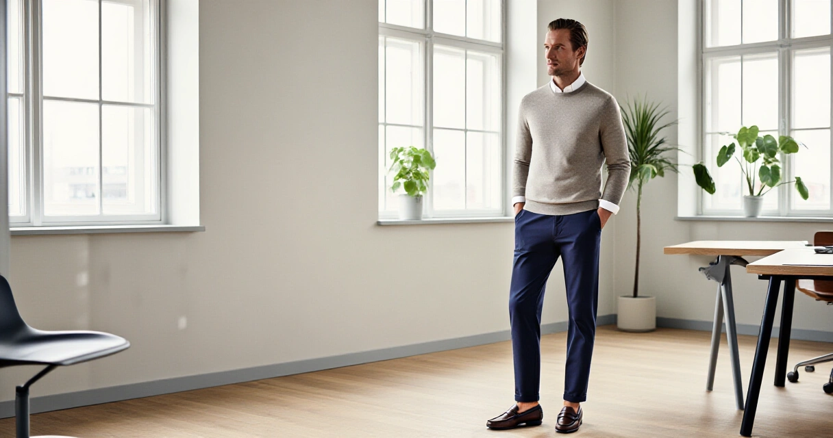Mies business casual -asussa pohjoismaisessa toimistossa