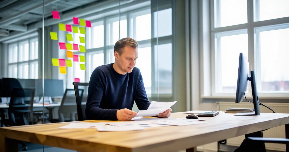 Suomalainen yrittäjä suunnittelee markkinointistrategiaa pohjoismaisessa toimistossa