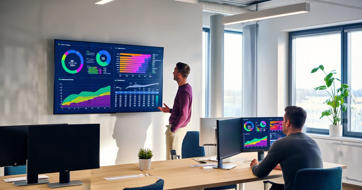 Markkinoinnin dashboard-näyttö toimistossa pk-yrityksen tiimille