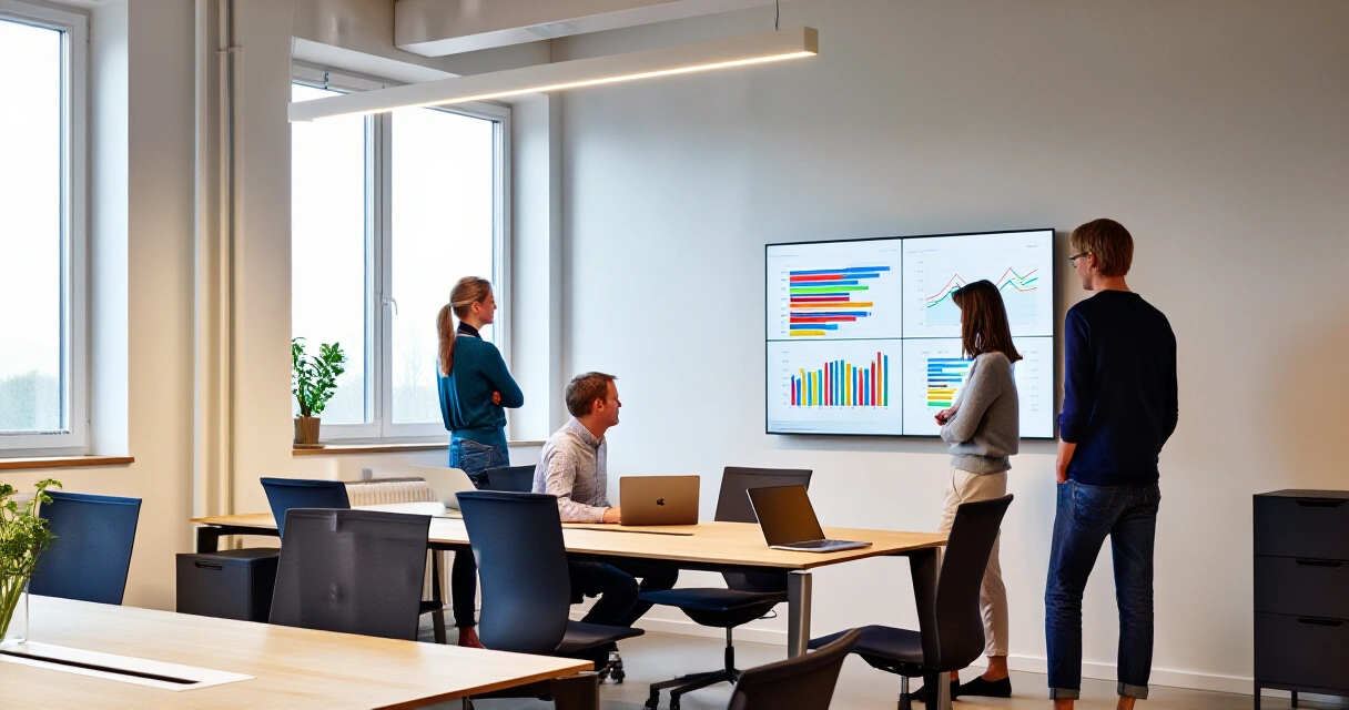 Tiimi tarkastelee business intelligence tools -raportteja toimiston näytöltä