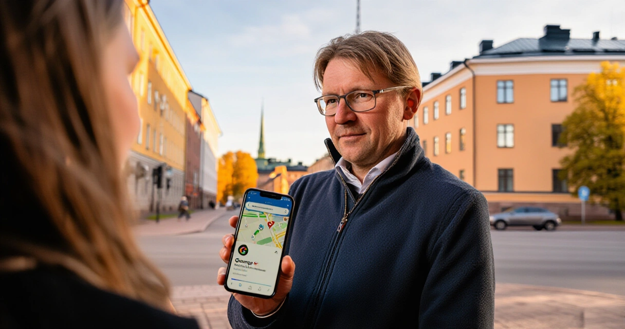 Suomalainen yrittäjä tarkastelee paikallisia hakutuloksia älypuhelimella kaupungin keskustassa