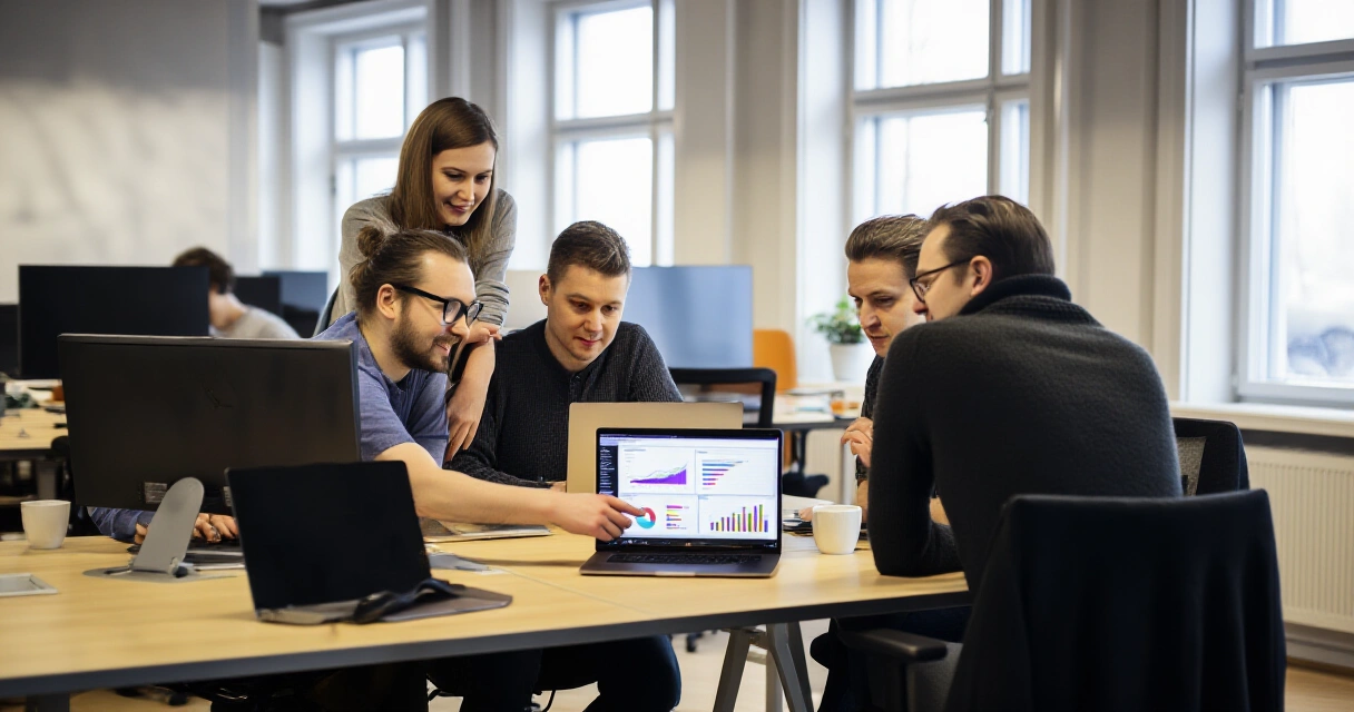 Markkinointitiimi analysoi B2B-mainoskampanjoiden tuloksia toimistossa