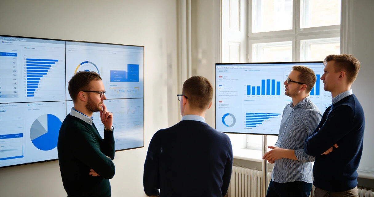 Suomalainen markkinointitiimi analysoi tekoälypohjaista dataa toimistossa vuonna 2026