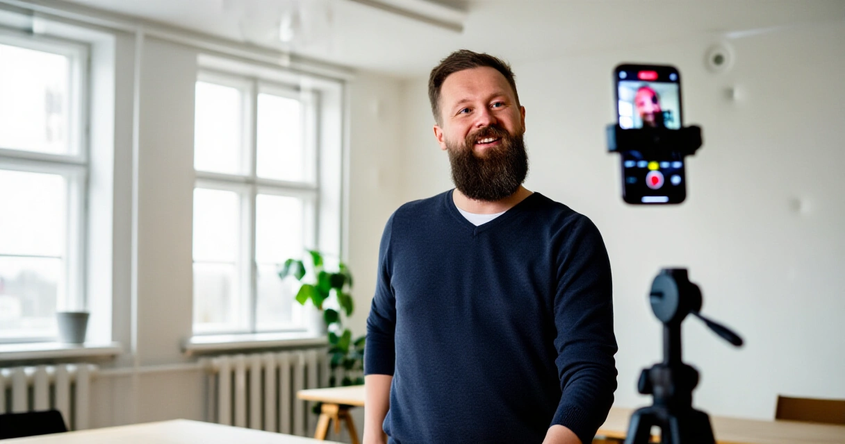 Suomalaisyrittäjä kuvaamassa lyhytvideota videomarkkinointia varten